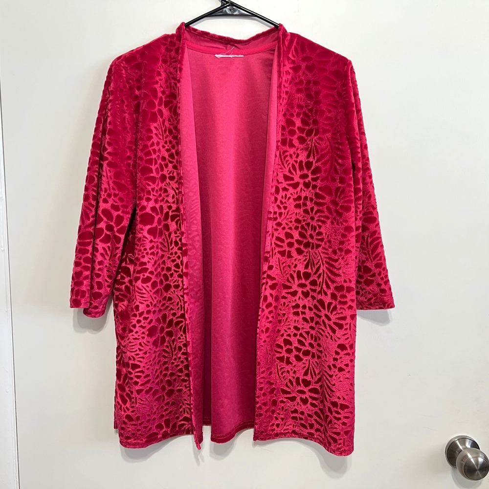 Burnout Velvet Floral Kimono Cardigan Fuchsia Pink Open Front Wrap M/L
